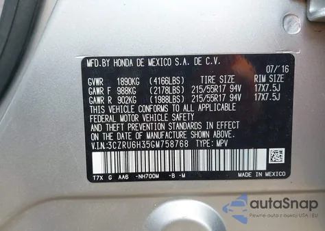 2016 Honda Hr-V Lx from USA, damaged, VIN 3CZRU6H35GM758768
